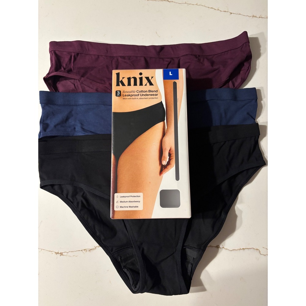Knix large Bikini Leakproof Underwear Women Black Navy Purple 3-Pack NIB